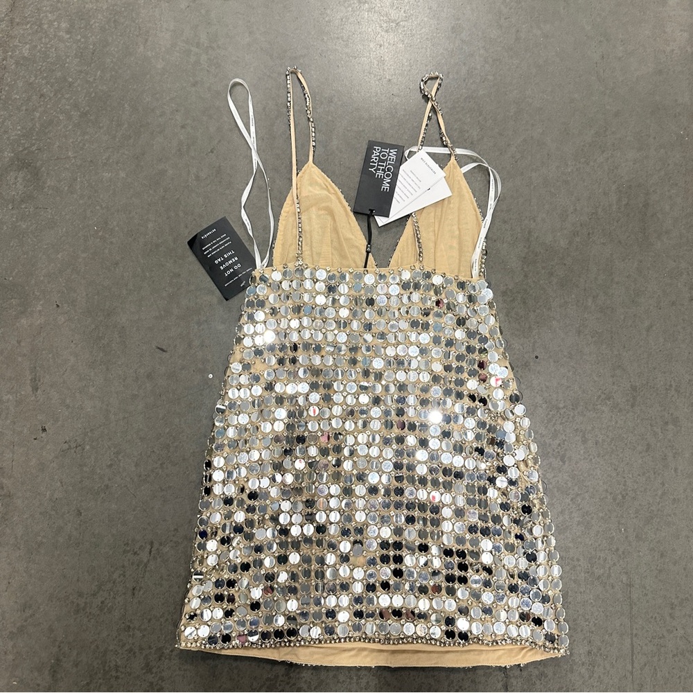 Retrofete AIRALYSE Embellished Sequin Disc Nude Mini Dress Crystals $998 - Picture 7 of 7